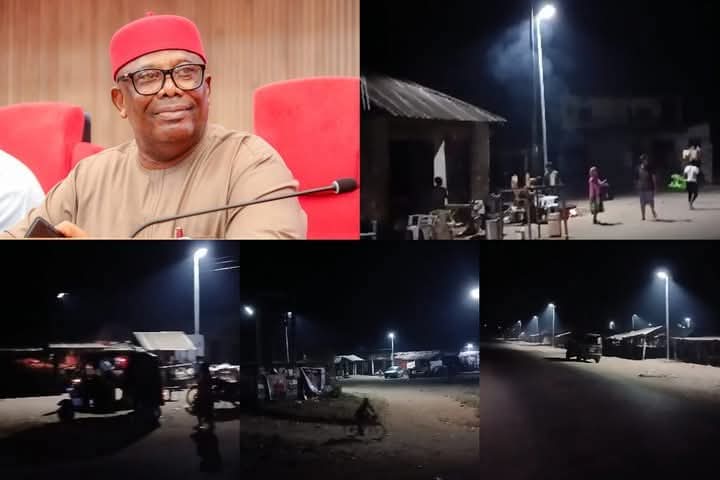 Senator Austin Akobundu Continues To Activate Night -time Economy As StreetLights Get Installed At Nkwo Ebe Market