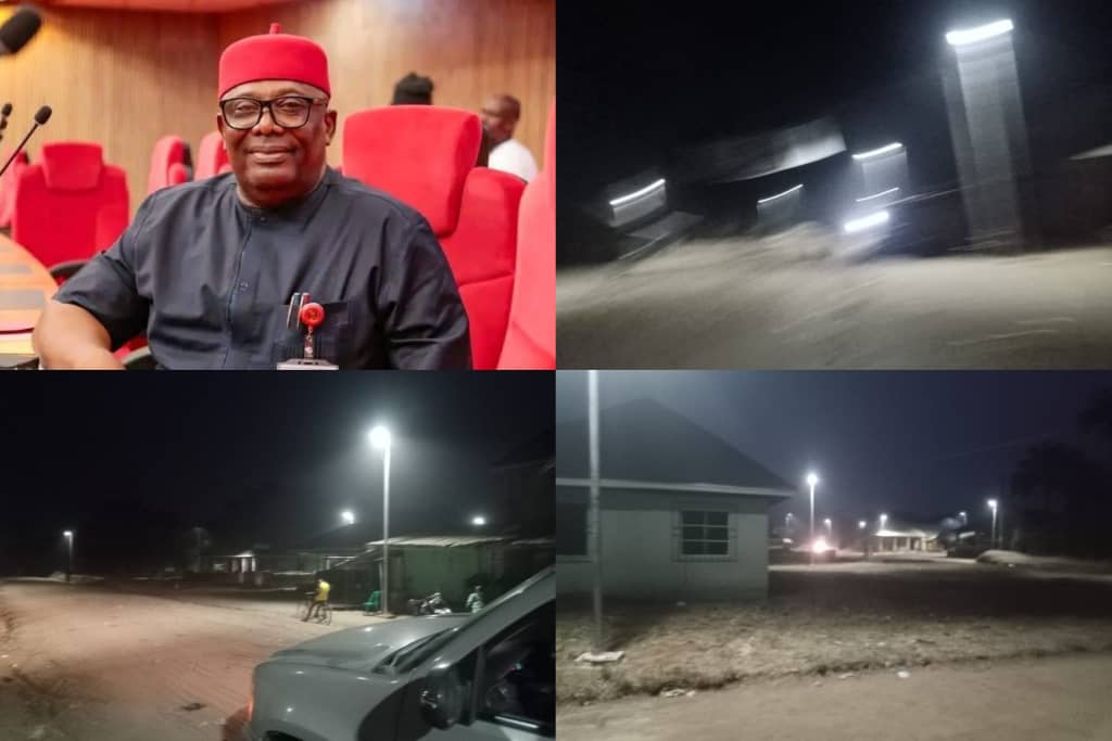 Dividends Of Democracy: Senator Austin Akobundu Lights Up Ekenwobasi Market, Osisioma LGA With Solar powered Streetlights