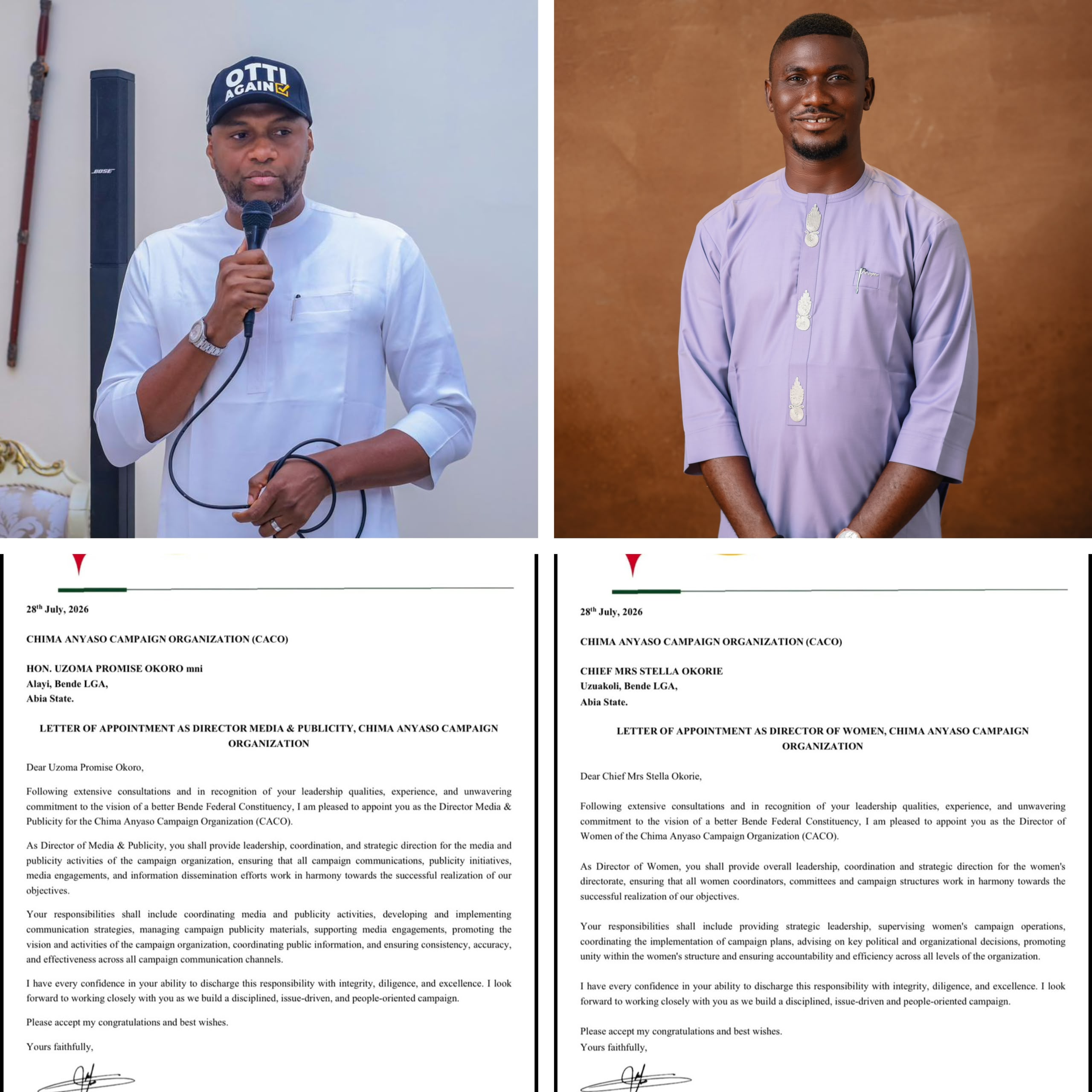Chima Anyaso Appoints Promise Uzoma Okoro Director of Media and Publicity, Stella Okorie to Lead Women’s Directorate