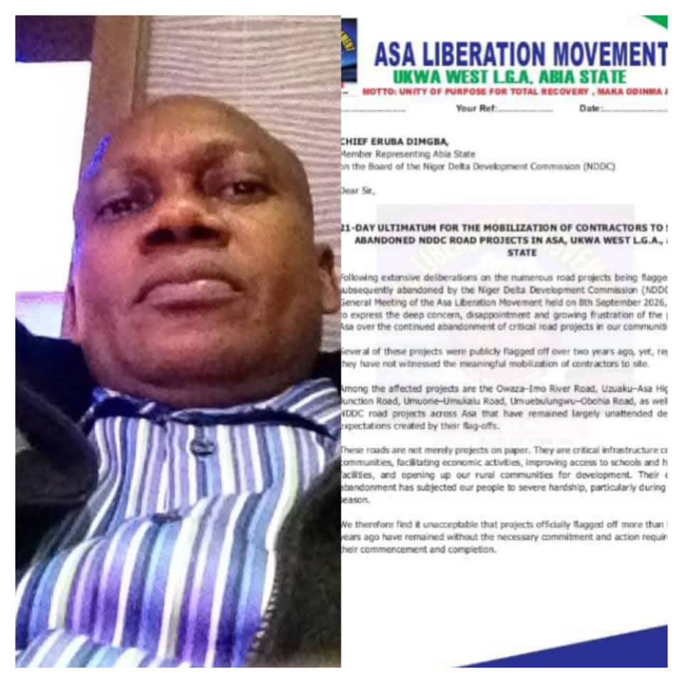 Asa Liberation Movement Writes NDDC Abia Commissioner Eruba,Gives 21-Day Ultimatum to Mobilise Contractors Back to Abandoned Asa Roads