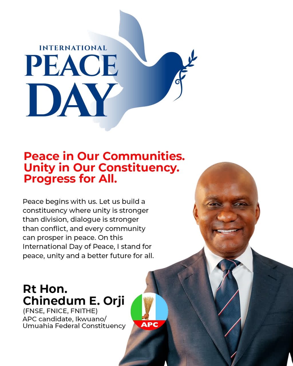International Day of Peace: Chinedum Orji Calls for Unity, Tolerance and Sustainable Development in Ikwuano/Umuahia